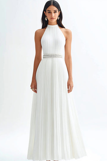 Ivory Satin A Line Halter Pleated Long Engagement Dress